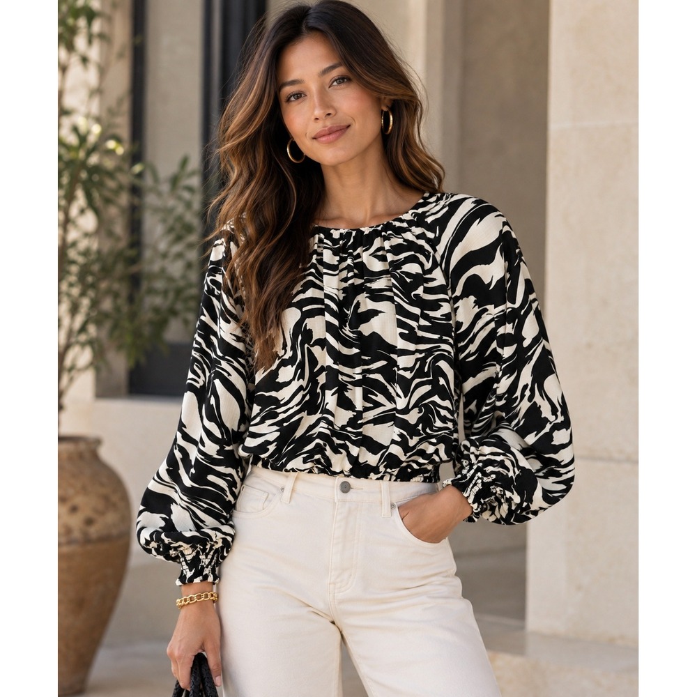 H&M Zebra Print Smocked Hem Blouse Black White Top Statement Maximalist Artsy S